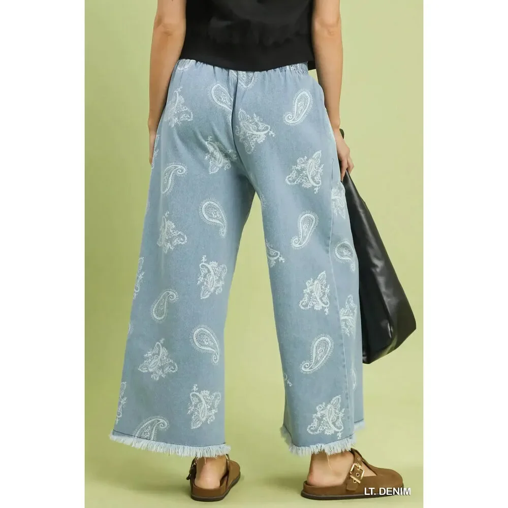 Umgee Denim Paisley Wide-Leg Pants - Picture 3 of 5